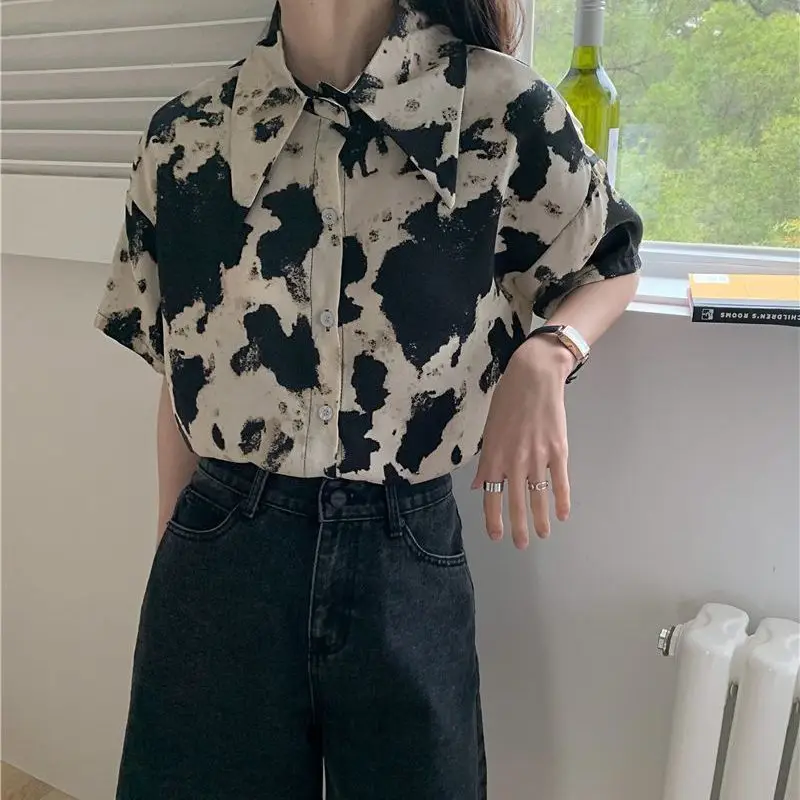 XEJ NAINI Cow Print Shirt Women Summer Top 2024 Chiffon Elegant Social Women\'s Shirt Oversized Shirt Silk Blouse Short Sleeve