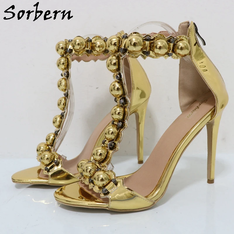 Sorbern White Button T-Strap Studded Sandals High Heel Women Ankle Strap Stilettos Summer Women Shoes Size 9 Dropshipping