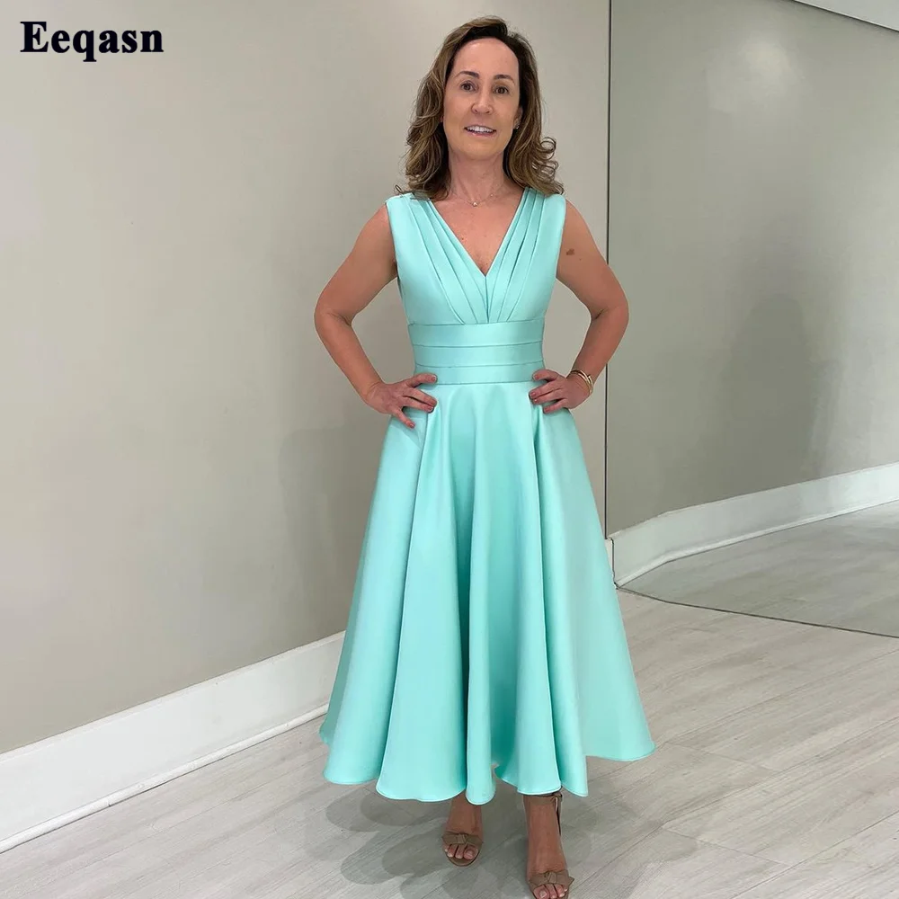 

Simple A Line Satin Prom Dresses Formal Wedding Party Bridesmaid Dress V-Neck Pleats Ankle-Length Midi Women Evening Gowns 2023