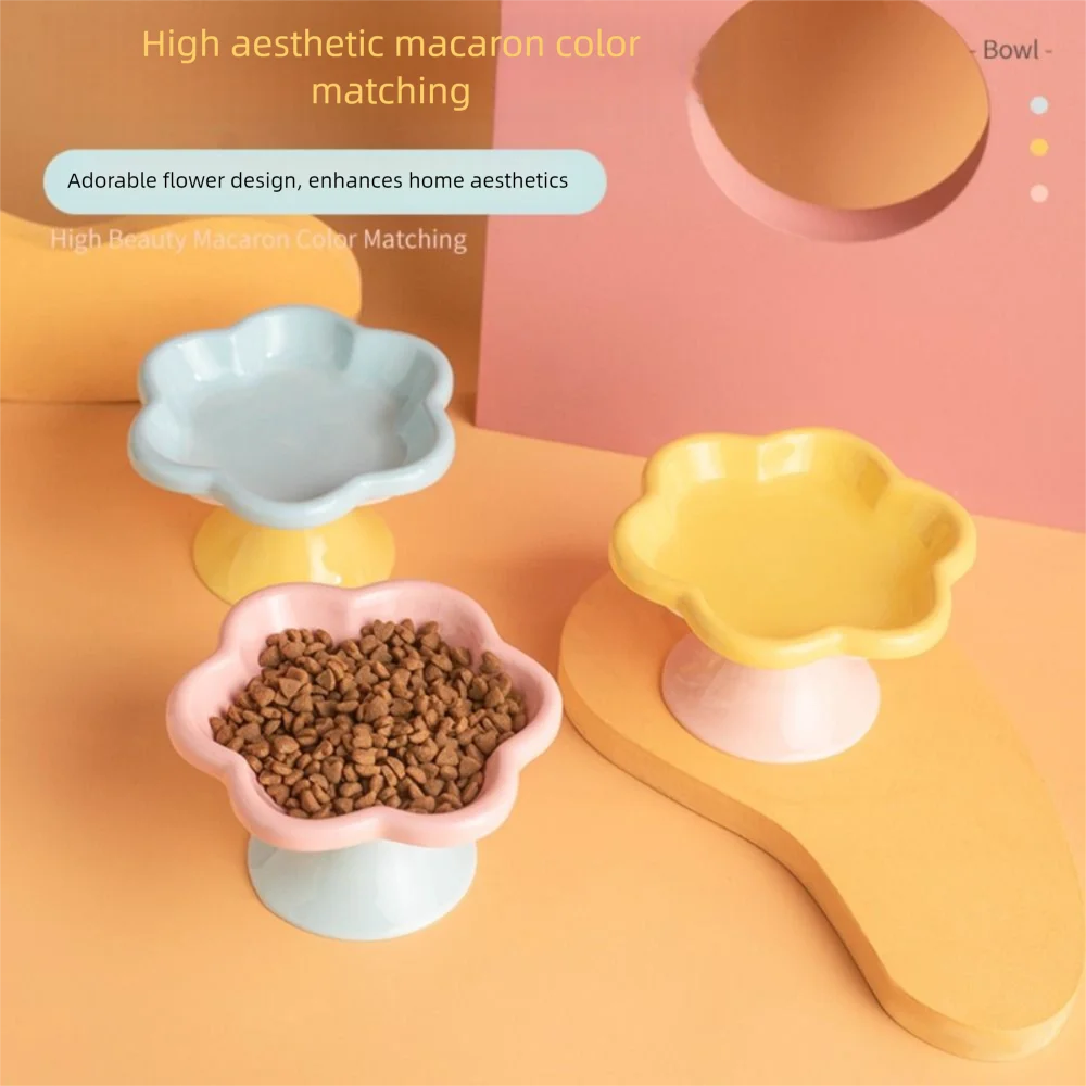 Anti Tipping Ceramic Cat Bowl Neck Protection Non-slip Pet High Foot Bowl Stable Cute Dog Food Water Container Wet Dry Food