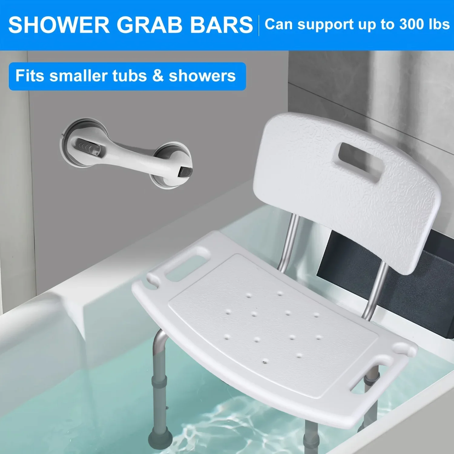 Supports Up To 350 Lbs Adjustable White Shower Chair With Backrest, Non-Slip Feet, Grab Bar, And Shower Head Holder