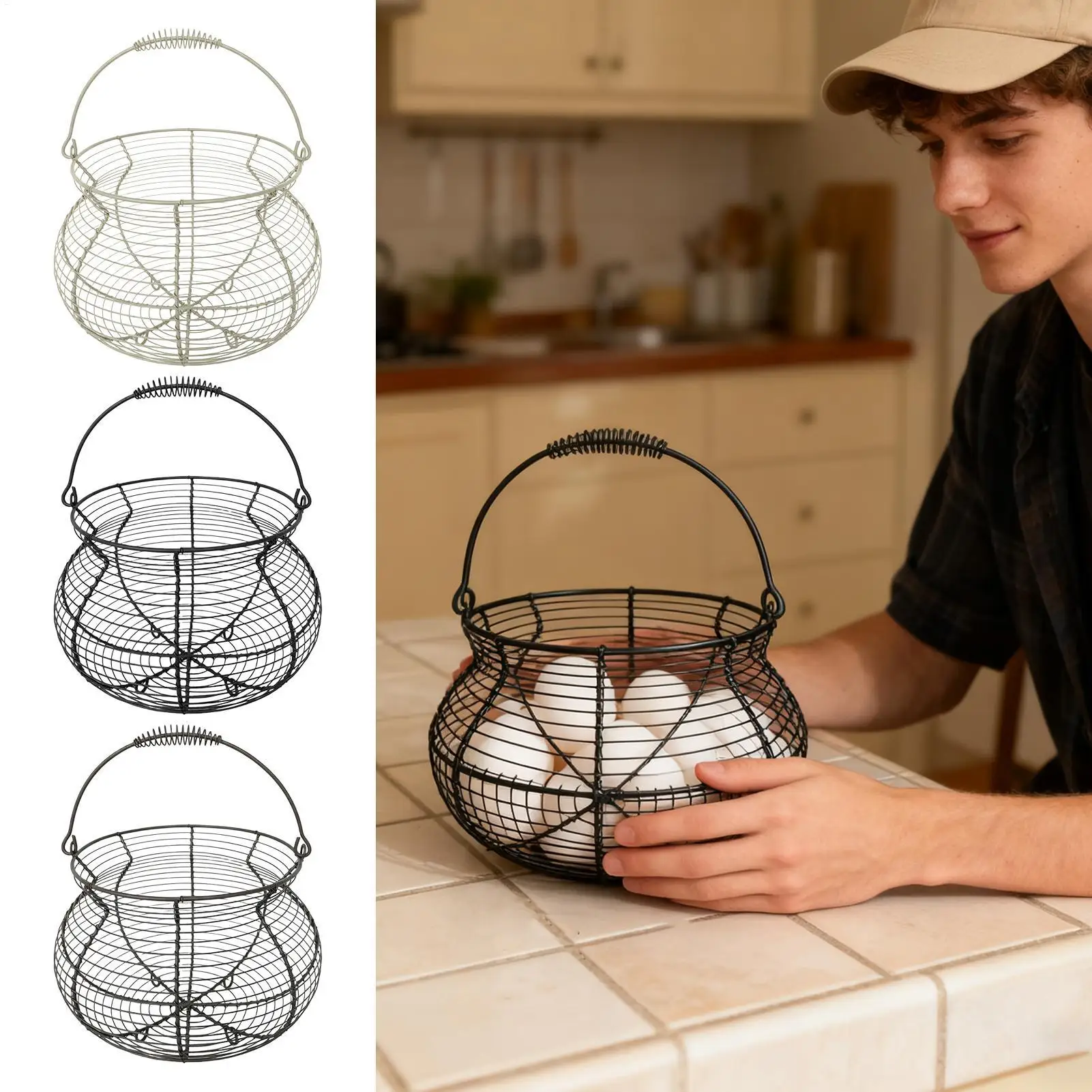 Chicken Egg Basket Vintage Woven Wire Holder With Handle Counter Egg Holder For Kitchen Picnic Farmhouse Harvest Easter