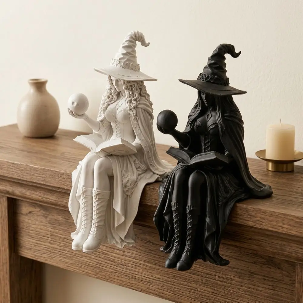 3D Printed Sitting Witch Figurine with Book Ball Vintage Gothic Halloween Witch Shelf Sitter Female Dark Aesthetic