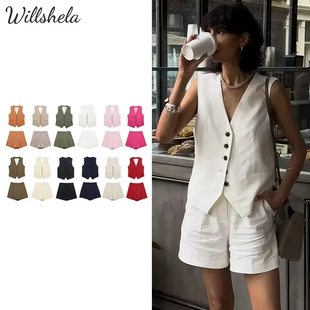 

Willshela женские комплекты из 2 предметов, однотонные льняные топы, жилет и шорты, шикарный женский повседневный базовый деловой жилет и шорты для координации