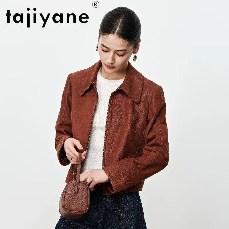 TAJIYANE Vintage Genuine Leather Jacket Woman Short Lapel Goatskin Leather Coat Zipper Jackets for Woman Outerwear Spring Autumn