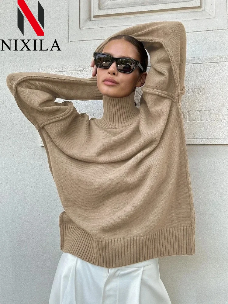 

Autumn Winter Women's Solid Color Fashion Knitted Turtleneck Sweater Thick Loose Casual Pullovers Female Warm Long Sleeves Tops