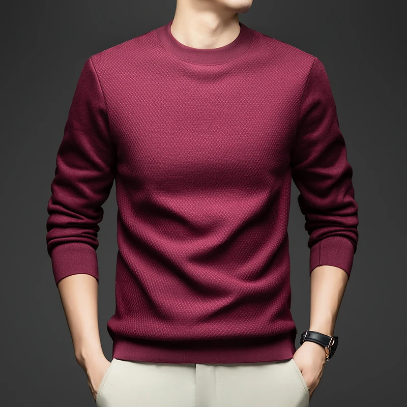 2025 T-shirt a maniche lunghe tinta unita girocollo da uomo casual, camicia base lavorata a maglia sottile da uomo trendy e semplice