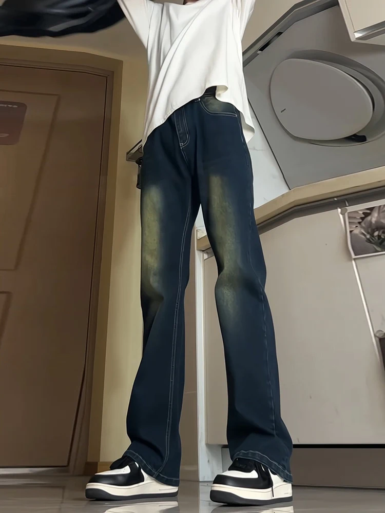 

k Blue Slim Fit Jeans Men's High Street American Long Pants Knife Flared Trousers Youth Faion Cotton Polyester Blend