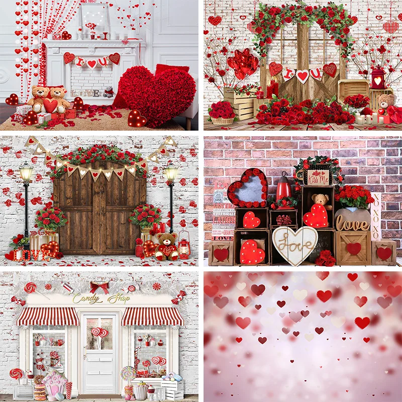 Pink Brick Wall Valentines Day Backdrop Red Rose Flower Love Heart Balloon Background Party Decoration Portrait Photo Booth Prop