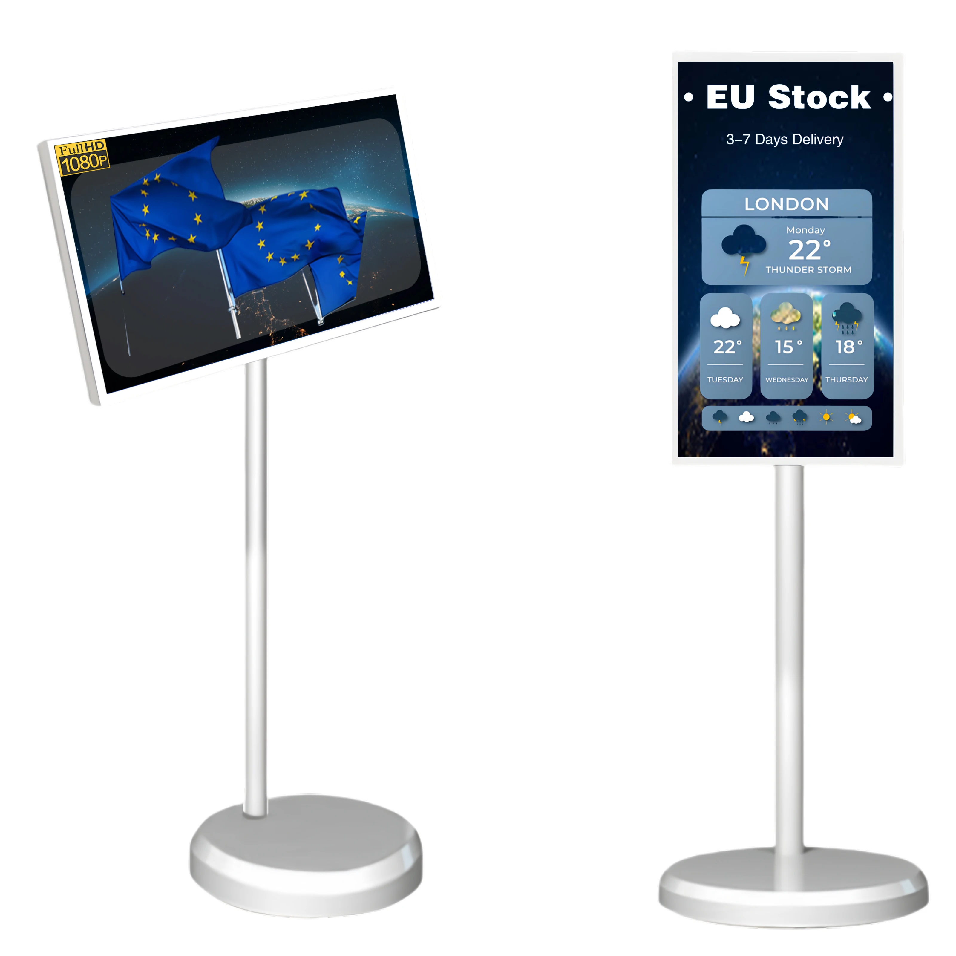 تلفزيون LCD محمول مقاس 32 بوصة من DE Stock مع شاشة لمس قابلة للتعديل ونظام تشغيل Android 13 OS تلفزيون محمول على الأرض يقف على عجلات