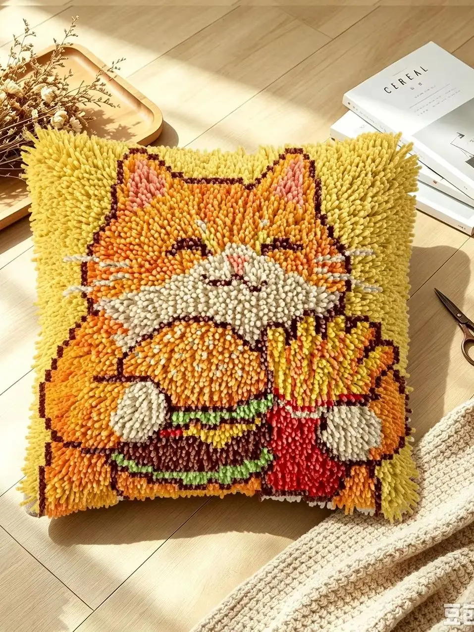 1 Set Burger Fries Katzenknoten Kissen Häkelset Kissenbezug-Set für Handarbeiten Häkelsets DIY Anfängerfreundlich Emb – Detail 1