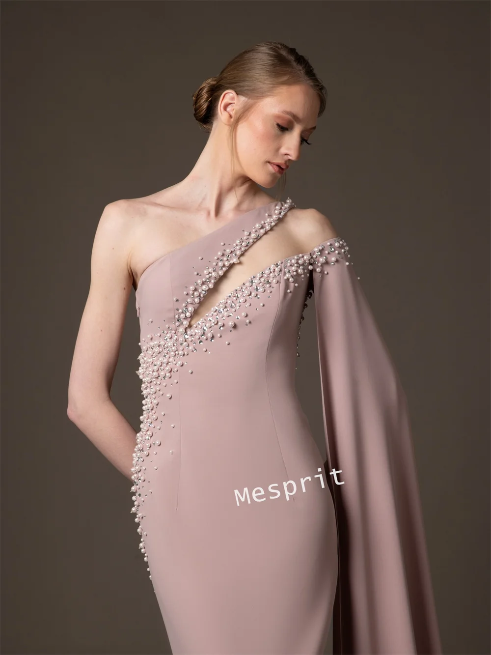Customized Jersey Luxury Evening Dress Glitter Beading One-shoulder Shawl Charming Long Dresses Bespoke Occasion Exquisite Party