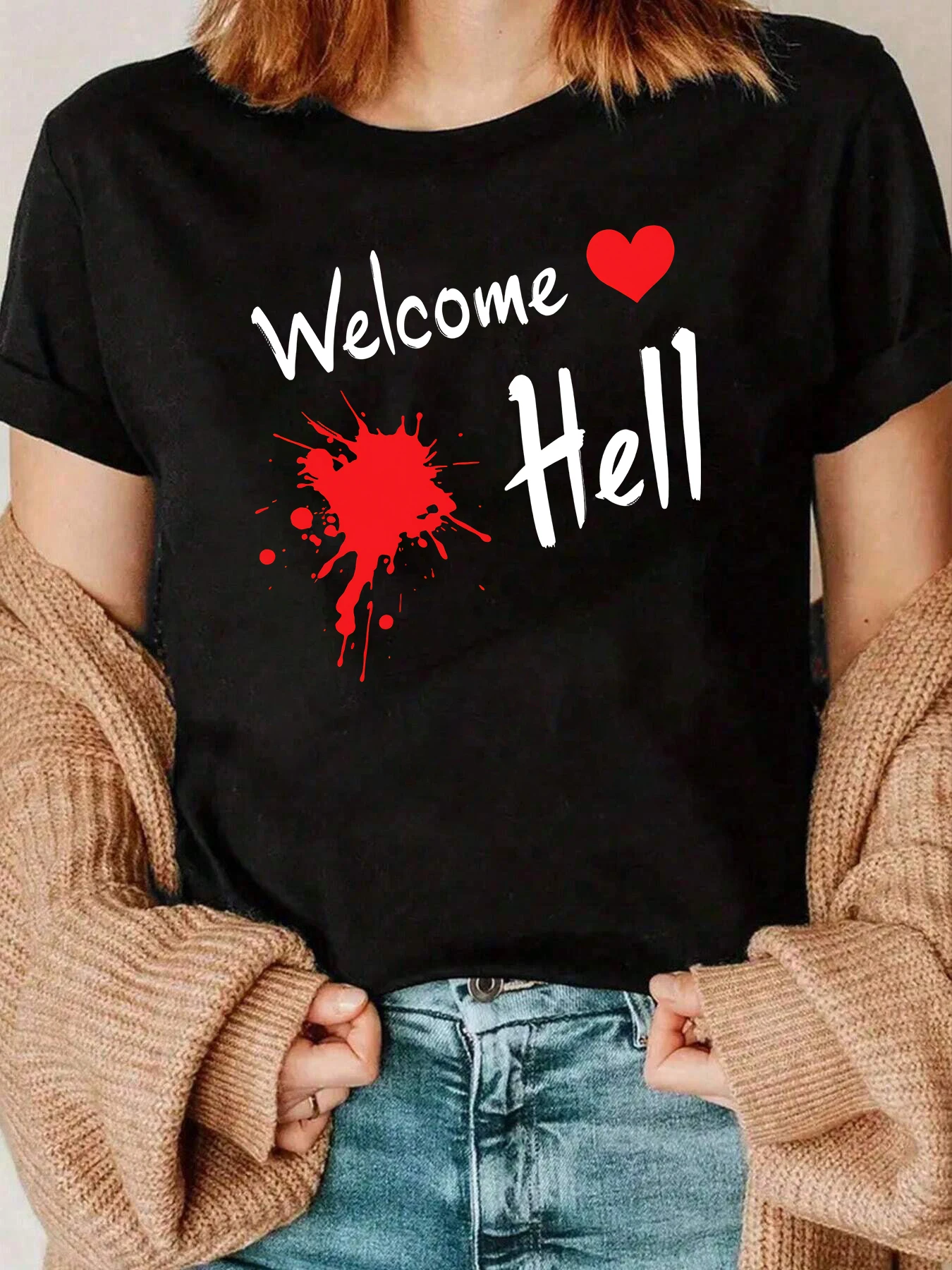 تي شيرت Welcome Hell Heart Splash Print تي شيرت كاجوال للنساء 220 جرام