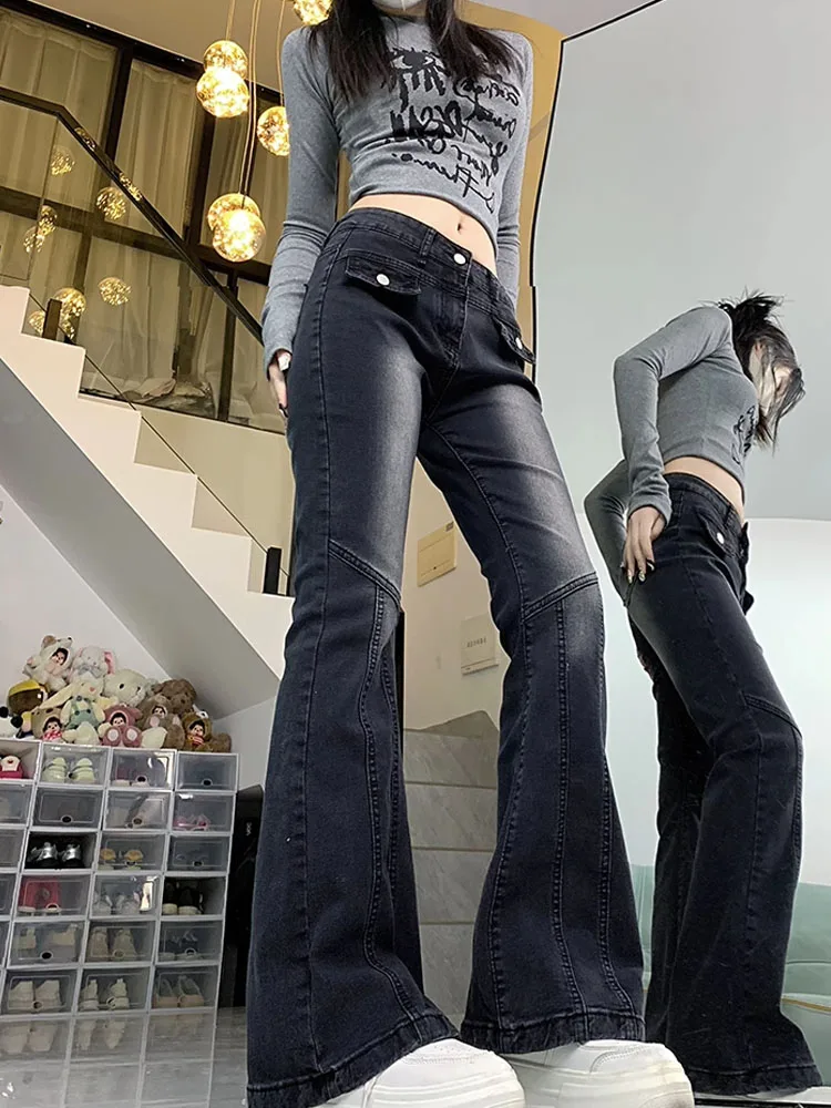 High Quality Office Lady Black Flare Jeans Low Waist Slim Tight Bell Bottoms 90s Gyaru Fashion Denim Pant American Retro Gothic