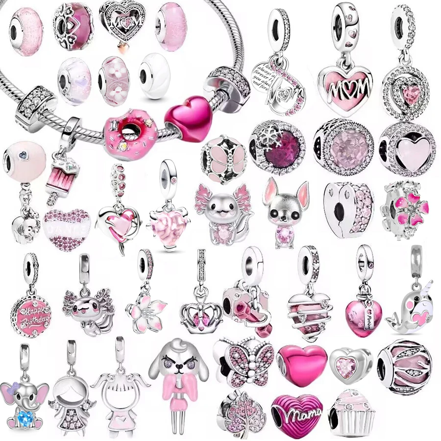 جديد الأوروبيين الوردي الأصلي سحر الحب جرعة زجاج مورانو القلب استرخى حبة صالح 925 فضة سوار DlY النساء مجوهرات #1