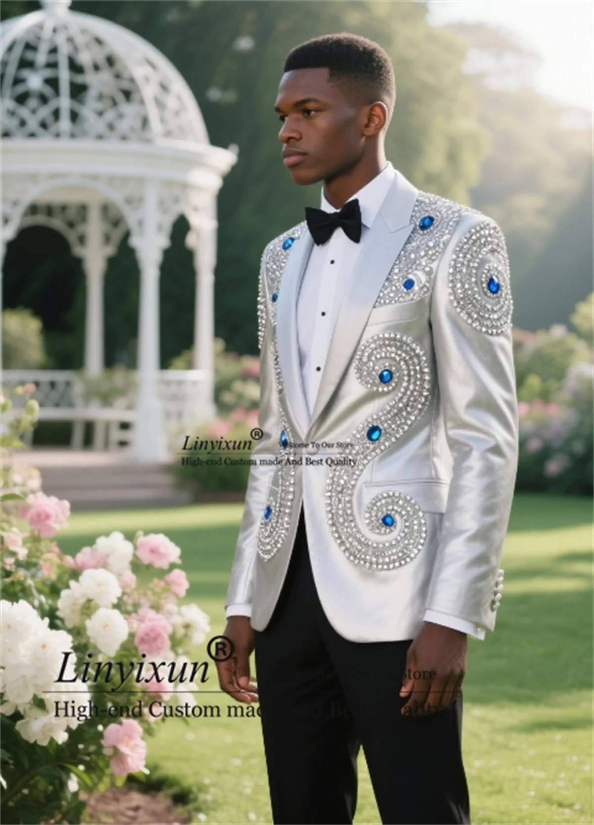 

Foramal Wedding Suit For Men Luxury Gem Crystals Groom Tuxedos Customized Slim Male Prom Blazer 2 Piece Sets trajes para hombre