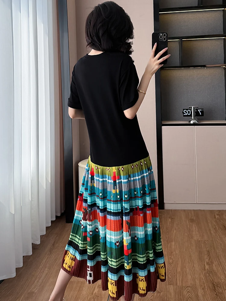 NYFS 2025 الكورية نمط المرأة فستان صيفي فضفاض حجم كبير الربط طباعة هيم قصيرة الأكمام فستان طويل رداء Elbise