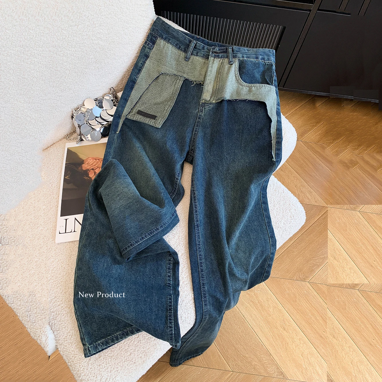 

Джинсы в стиле пэчворк с высокой талией, женские осенние прямые брюки в американском стиле, модные широкие джинсовые брюки, модные длинные брюки