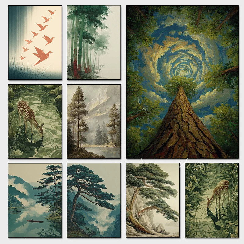 Green Nature Deep Woods Forest Tree Trunk Posters Ancient Pine Tree Prints Canvas Painting Wall Art Pictures Home Room Decor
