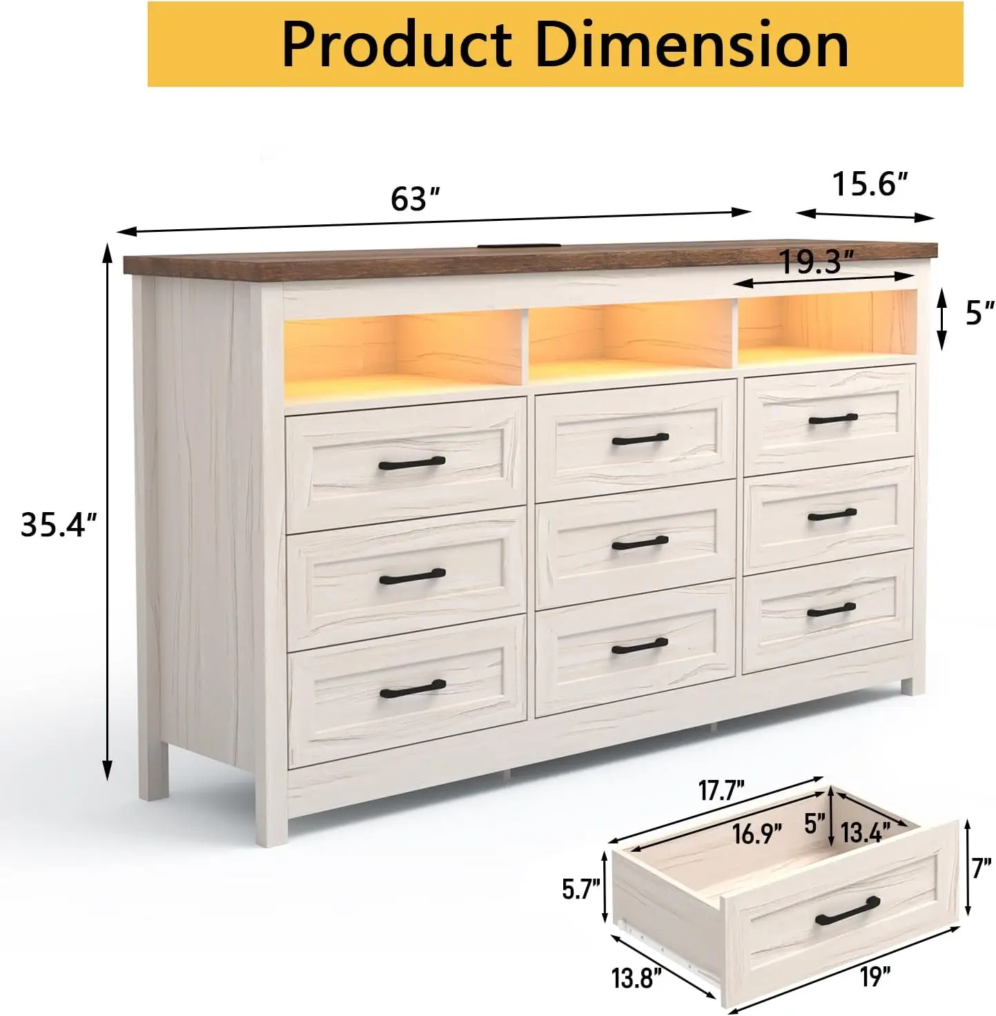 Beige Modern Wood 9 Drawer Dresser with LED Lights and Charging Station for Bedroom, Living Room and Hallway