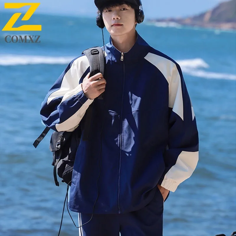 

COMXZ 2025 Mens Jacket Autumn Travel Vintage Color Blocking Windproof Lightweight Baseball Jacket Korean Style Loose Fit Coat