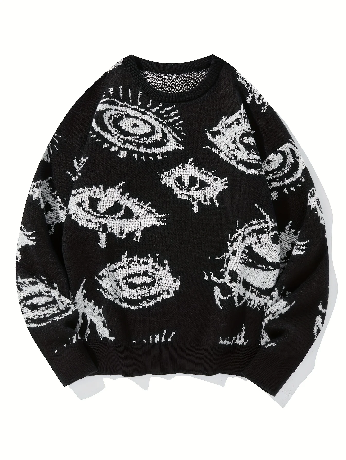 LVLAEA Men's Knit Pullover Shirt, Long Sleeve Jacquard Sweater with Eyes Pattern for Winter Fall Casual & Lounge Wear, Anti-Pill