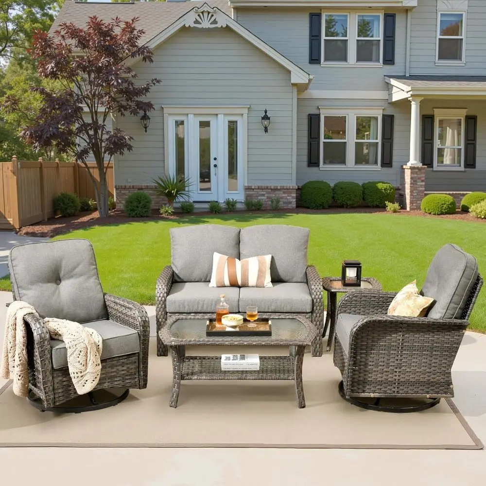 

All-Weather Rattan Patio Furniture Set with Swivel Rocking Chairs, Coffee Table, High-Back Loveseat in Grey