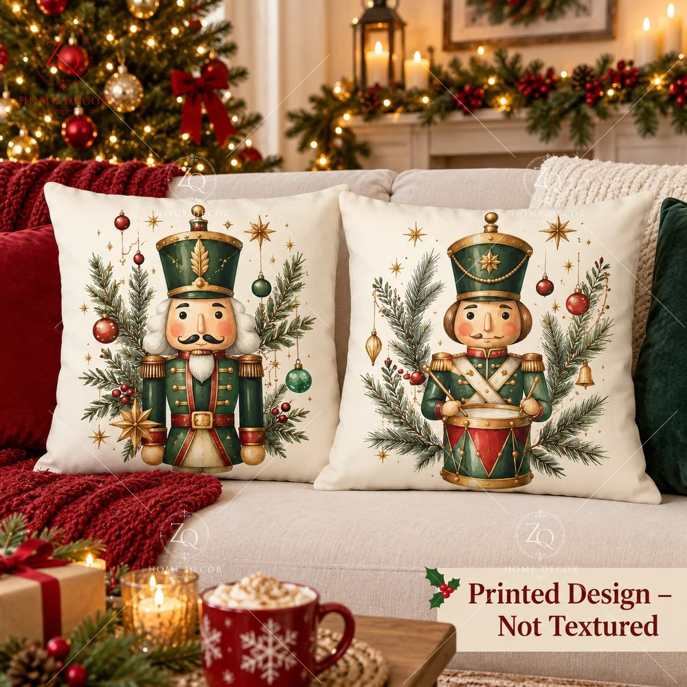 Christmas Nutcracker Cushion Cover 18x18 Inches Peach Skin Velvet Pillowcase Holiday Living Room Sofa Bed Home Decor