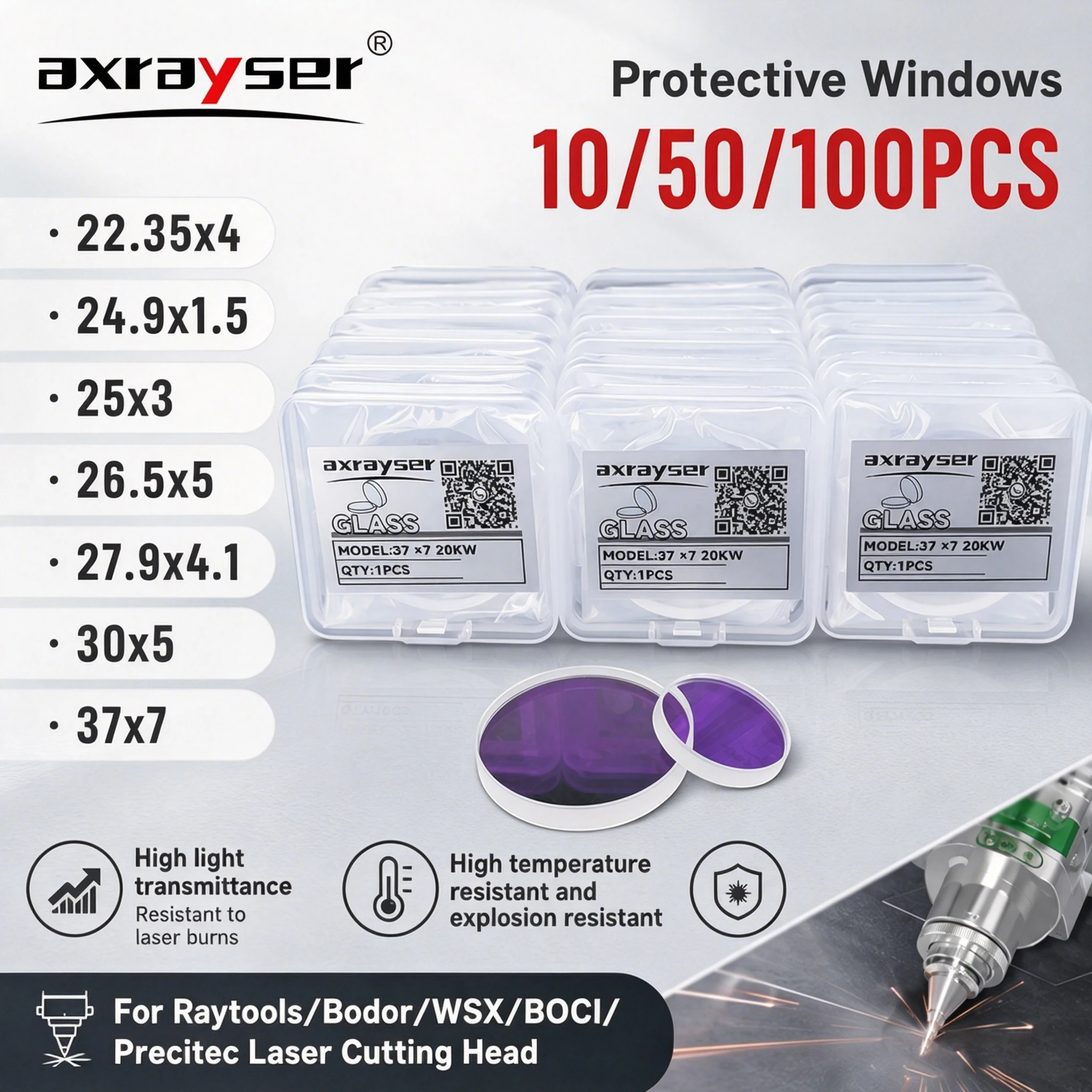 10/50/100Pcs Laser Protective Lens 1064nm Fused Silica 24.9x1.5 27.9x4.1 30x5 37x7 For Raytools Bodor WSX Precitec Cutting Head