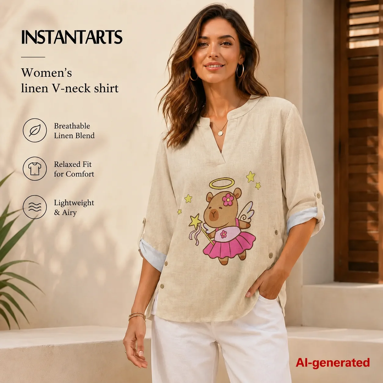 INSTANTARTS Traf 2026 Femme Women's Linen V-Neck Shirt capybara Shirt Woman Roupas Femininas Elegantes Top Female Ropa Barata