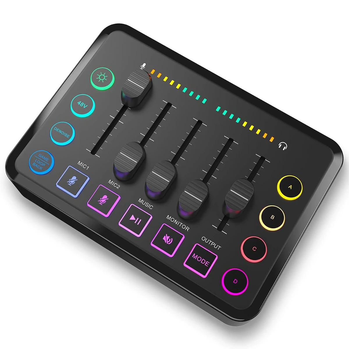 Rechargeable 48V Phantom Power RGB Gaming Mixer Audio Interface XLR Microphone Noise Cancelling Podcast Recording Capability