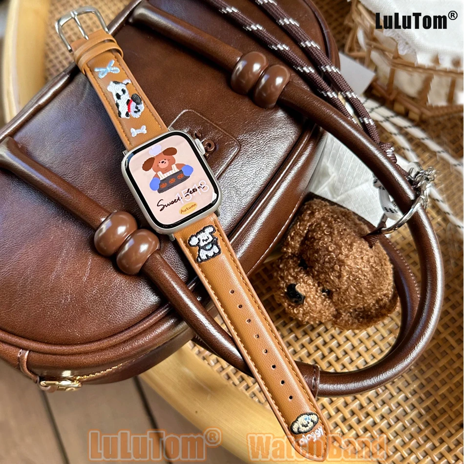 Cute Dog Embroidered Leather Strap For Apple Watch Band 46 38 41 40 44 42 45 49 mm Bracelets iWatch Series 10 9 8 7 6 SE Ultra 2