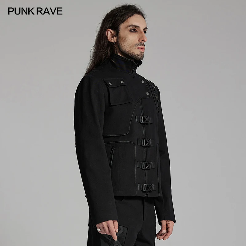 PUNK RAVE Men's Cyberpunk Deconstruction Stand Jacket Stylish Rivets on Side Shoulder Interpret Casual Mens Short Coat