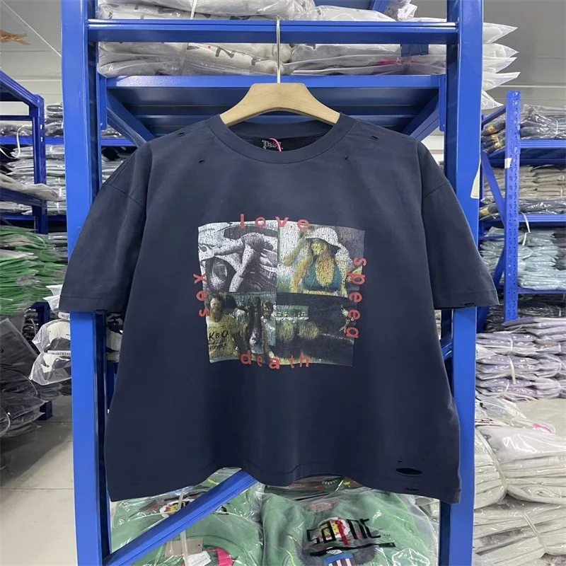 Paly Hollywood Oversized Washed Blue T-shirts  American Vintage Men Women Short Sleeves Shirts