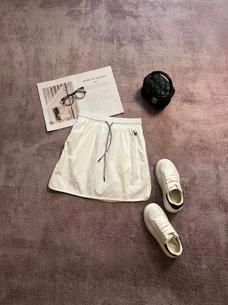 

White Embroidered Quick Dry Half Skirt Women Summer Thin Korean Style High Waist Drawstring Casual Sports Anti Exposure a Lin...