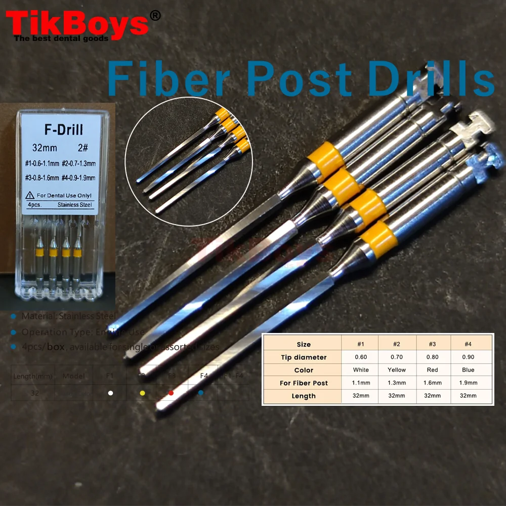 4 قطعة/صندوق F التدريبات ملفات قناة الجذر الفولاذ المقاوم للصدأ التدريبات ل الألياف الزجاجية آخر مخرطة الأسنان استخدام عبوة أداة طب الأسنان #4