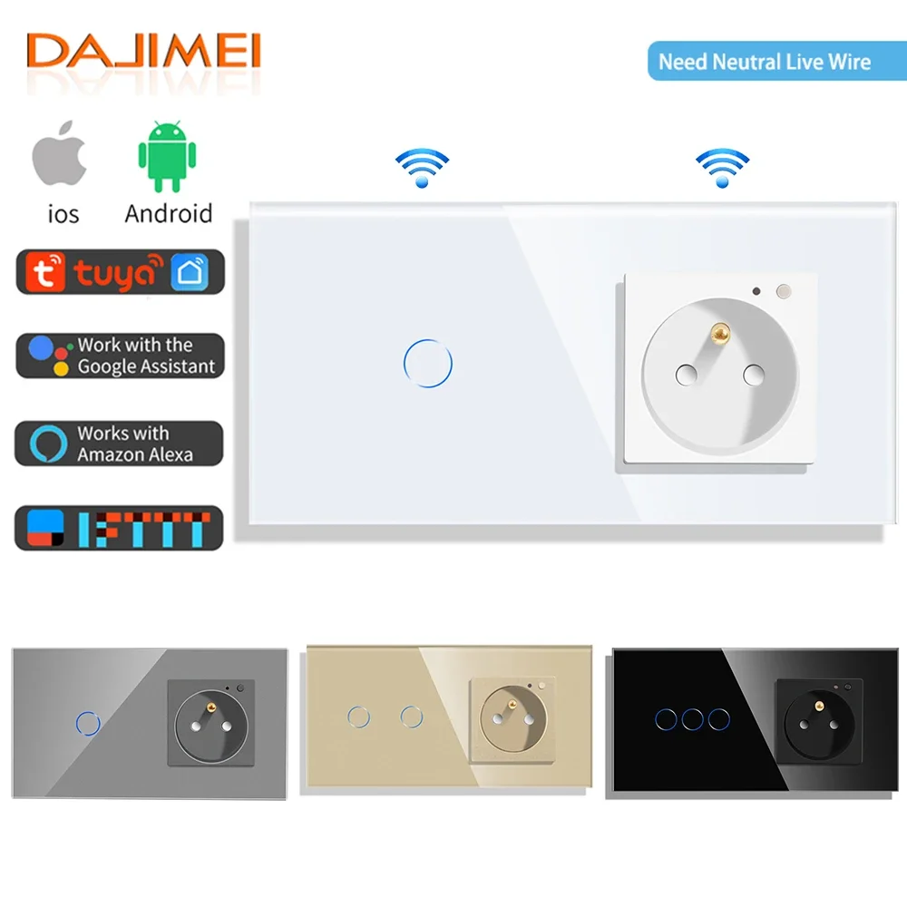 DAJIMEI Wifi Touch Switches 1/2/3gang with Smart Poland FR Standard Sockets Crystal Glass Panel Sensor Switch for Smart Home