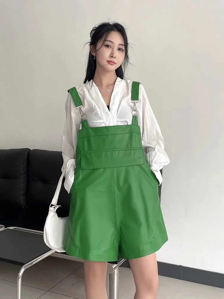 Kawaii Rabbit Ears Overalls Women Sweet Loose Fit Suspenders Shorts Casual Streetwear Pocket Sheepskin Genuine Leather Shorts