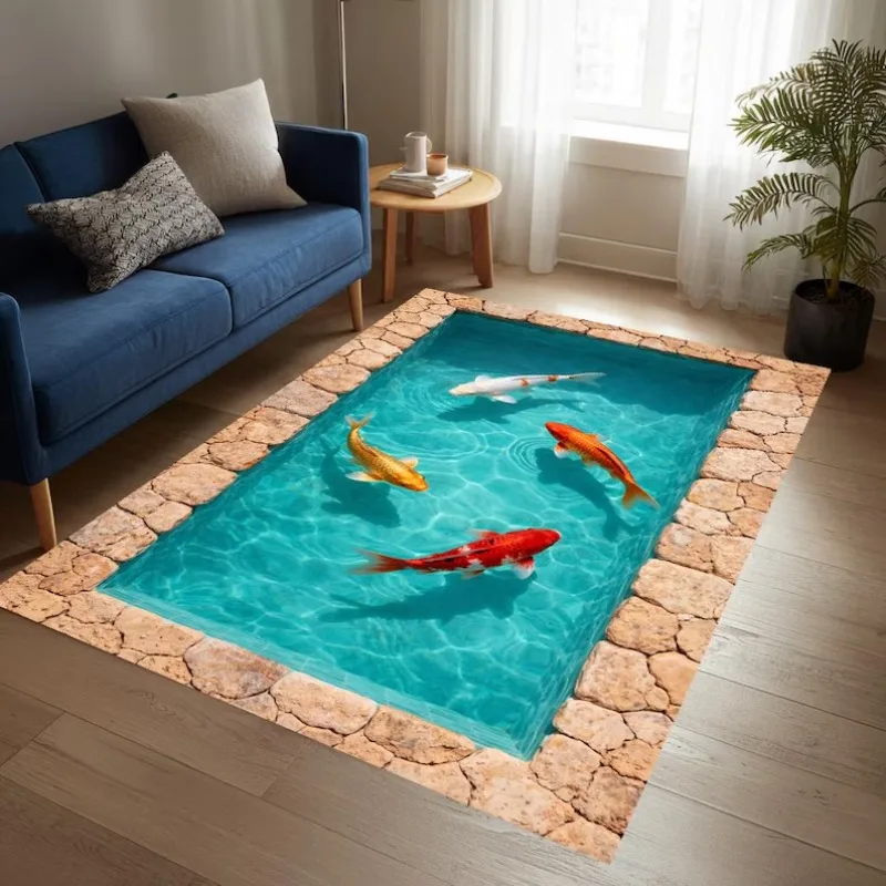 3D Koi Pond Area Rug - Realistic Fish Pond Illusion Floormat Ideal for Living Room  Aquatic Pattern Area Floormat  Decor