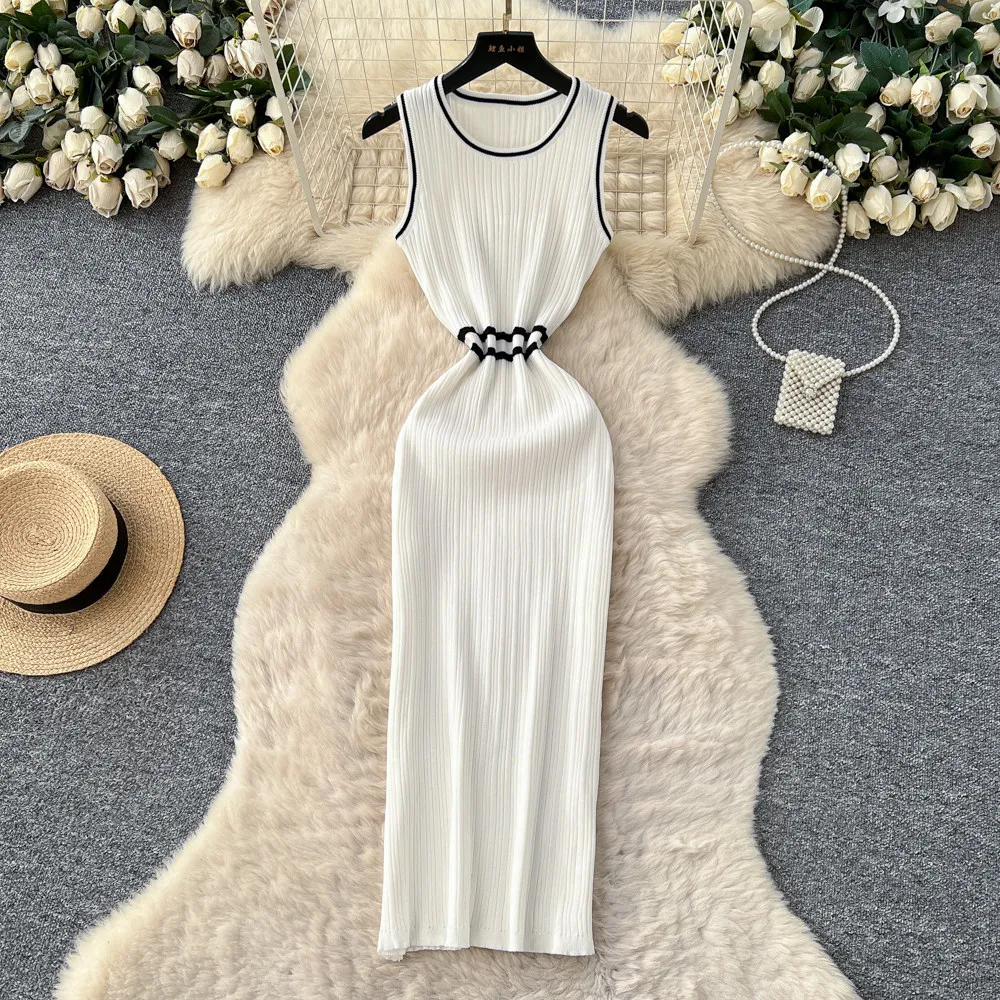 

Women Long Dress Knit Dresses High Waist Vestidos Y2k Streetwear White Bodycon Sleeveless Elegant Party Night Work Slim Club