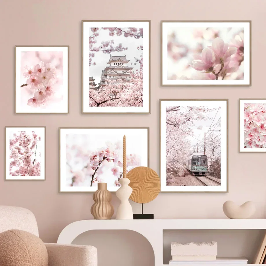 2026 Pink Cherry Blossoms Train Tower Paris Bike Nordic Posters And Prints Canvas Painting Wall Art Pictures Living Room Home De