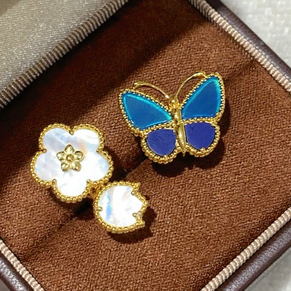 New 925 Silver Blue Agate White Mother Of pearl Stone Butterfly Flower Open Ring 18K Gold Plated Luxury Designer Fine Jewelry