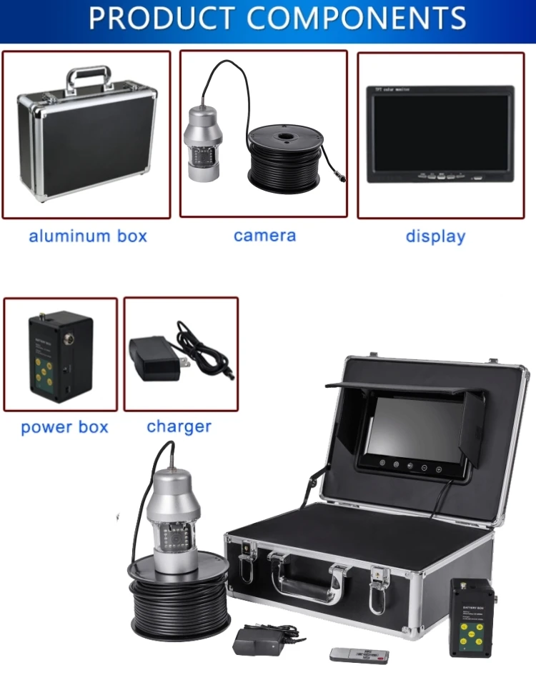 Caméra sous-marine F08 avec écran LCD 7 pouces, 200m, 1000TVL, kit de pêche rotatif à 360 degrés