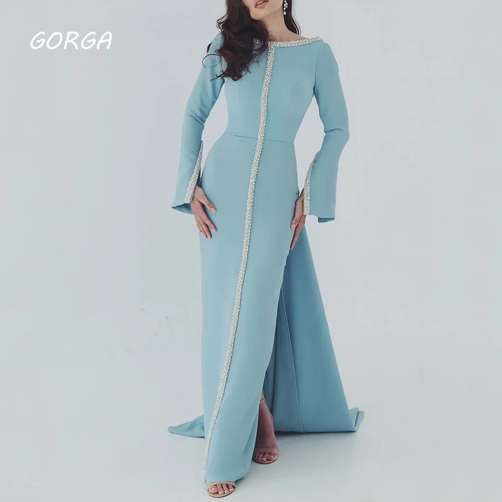 

GORGA Lake Blue O-Neck Long Mermaid 2024 High Quality Slim Crepe Ocassion Gown Floor-Length Evening Dress فستان سهرة نسائي