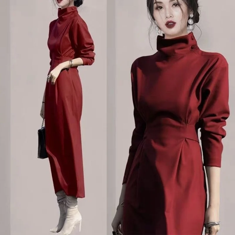 Women\'s Early Spring Fashion High Necked Button Solid Color Patchwork Ruched Long Sleeved 2024 New Commute Slim Pullover Dresses