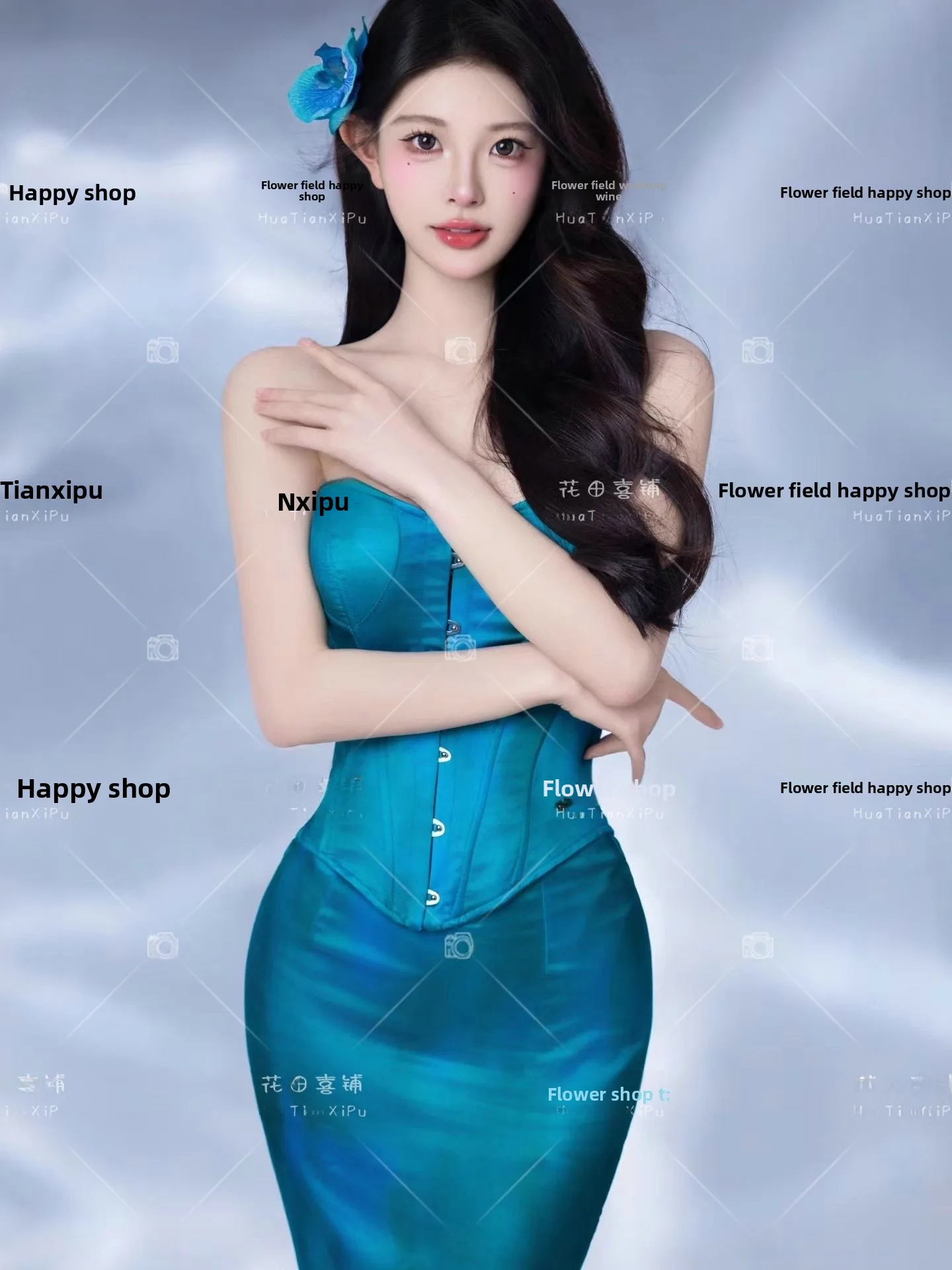 

New Arrival Photography Studio Theme Girl's Artistic Portrait Shooting Clothes Peacock Blue Pure Desire Style Summer 2024
