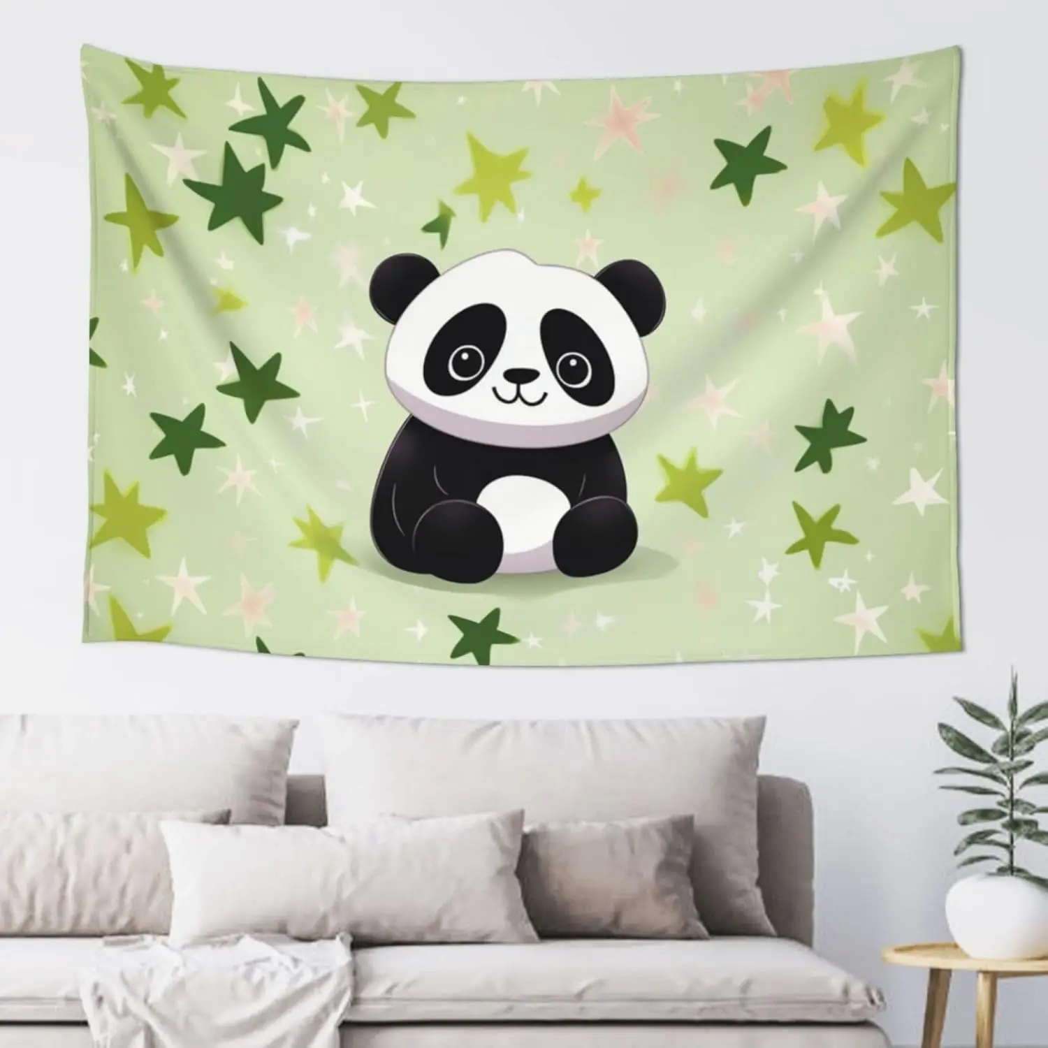 Cute Panda Tapestry Wall Hanging Bohemian Green Stars Nursery Room Decor Art Kawaii Jungle Animal Print Living Room Boho Home Ac