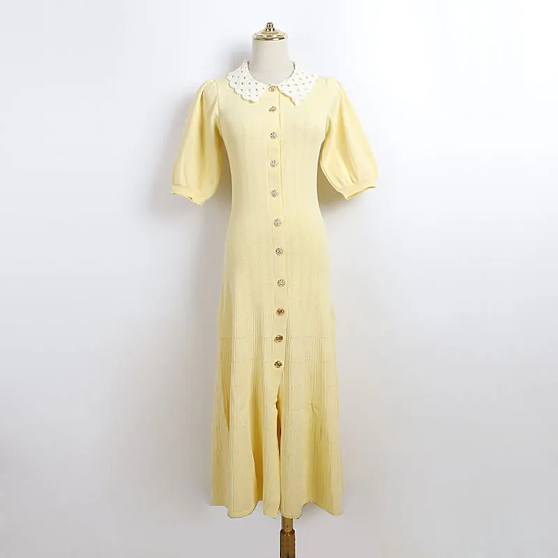 

Women Solid Knitted Cotton Dress Short Sleeve Peter Pan Collar Dress