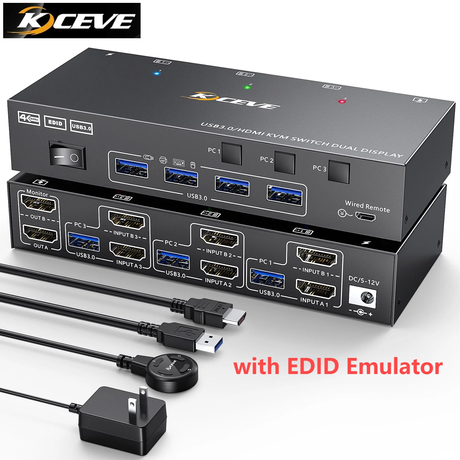 

2024 NEW KCEVE KVM Switch 2 Monitors 3 Computers Dual Monitor KVM Switch HDMI for 3 Computers Share 2 Displays and 4 USB3.0 Port