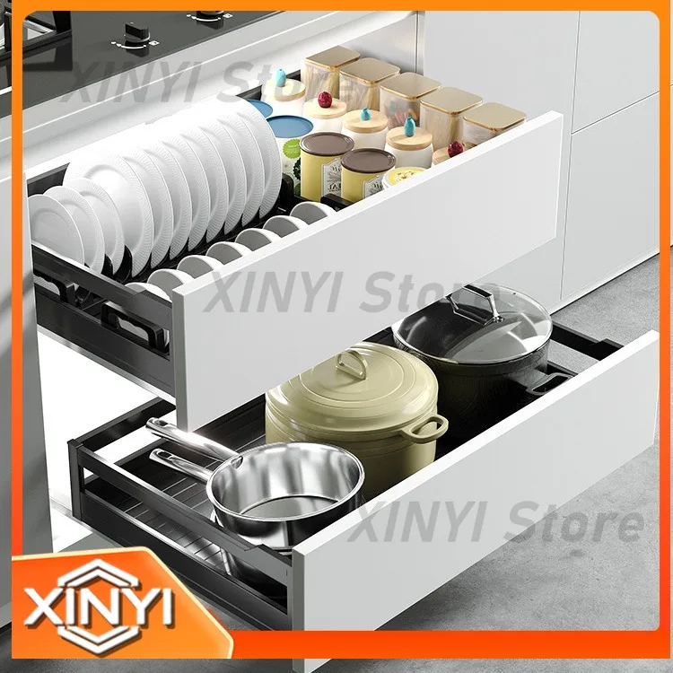 for Kitchen Cabinet Drawer Shallow Cabinet Non Standard Aluminum Alloy Double Layer Bowl Basket Dish Rack Pull Out Organizer